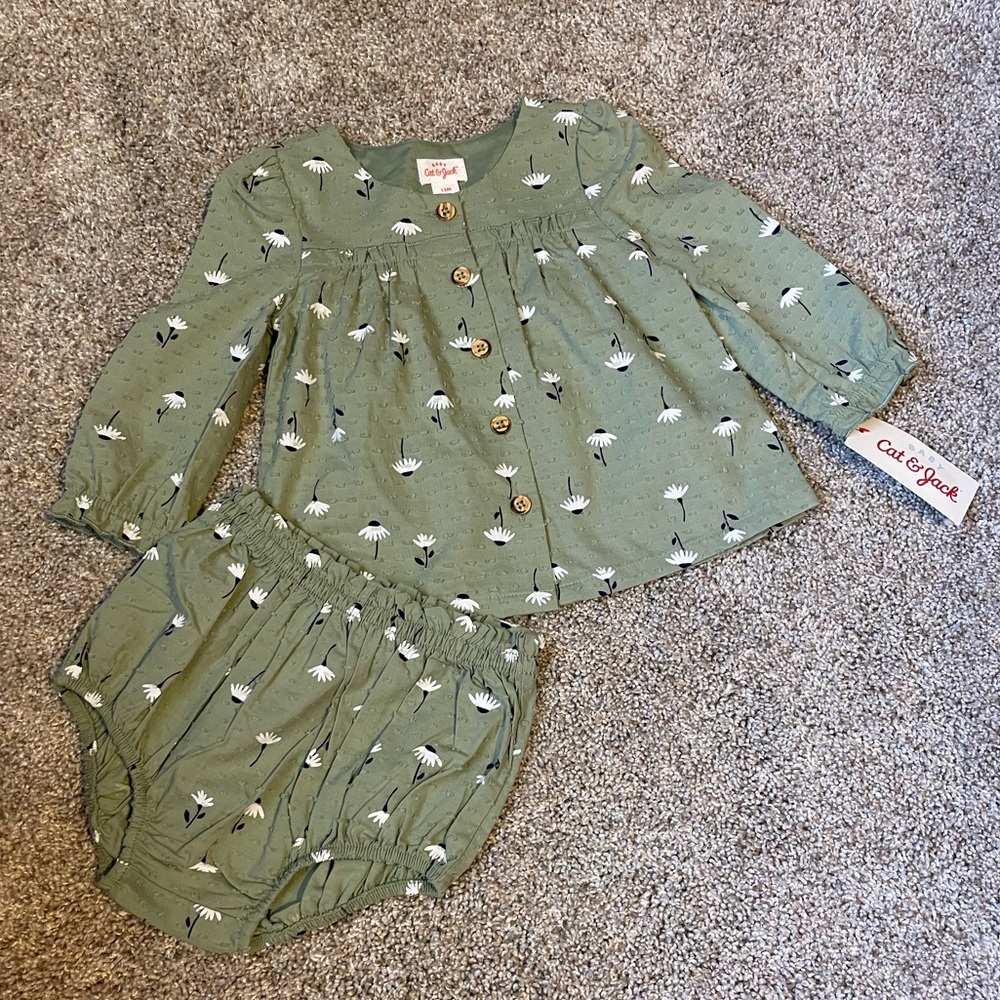 NWT Cat & Jack baby 12mo forest green floral long-sleeve dress and diaper cover